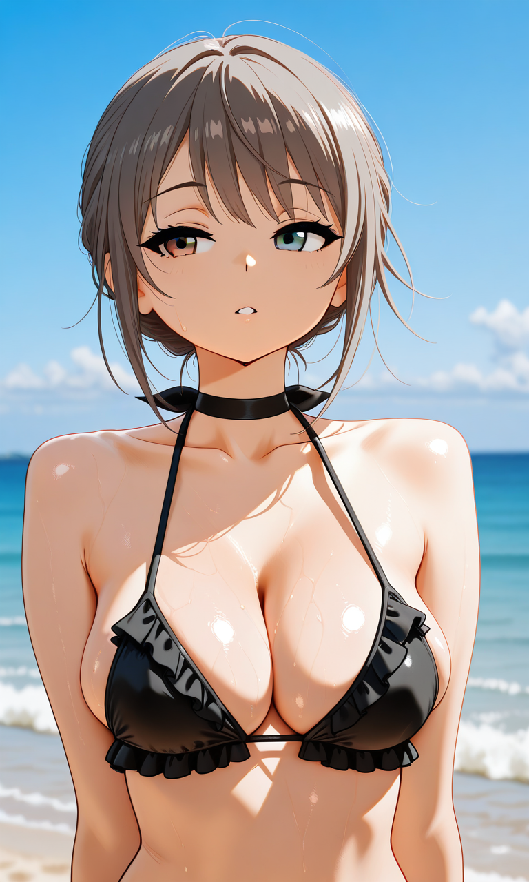 海辺、フリルビキニで振り返りのメインビジュアル