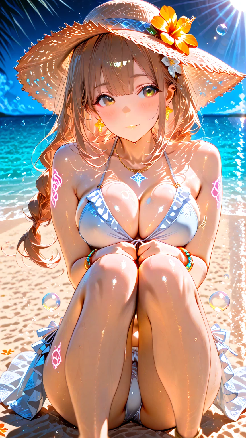 波打ち際で膝を抱く夏帽子のメインビジュアル