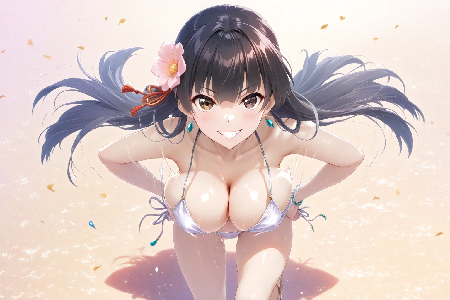 白い水着で砂浜の前傾姿のメインビジュアル